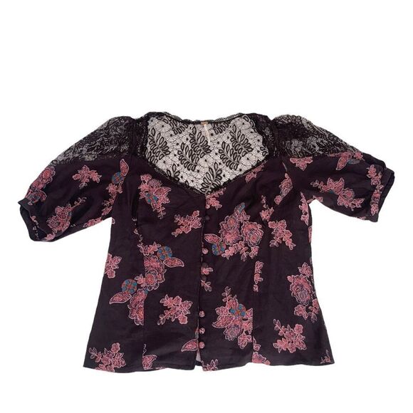 Free People Lace & Floral Button Down Balloon Sleeve Top Size Small - Picture 1 of 11